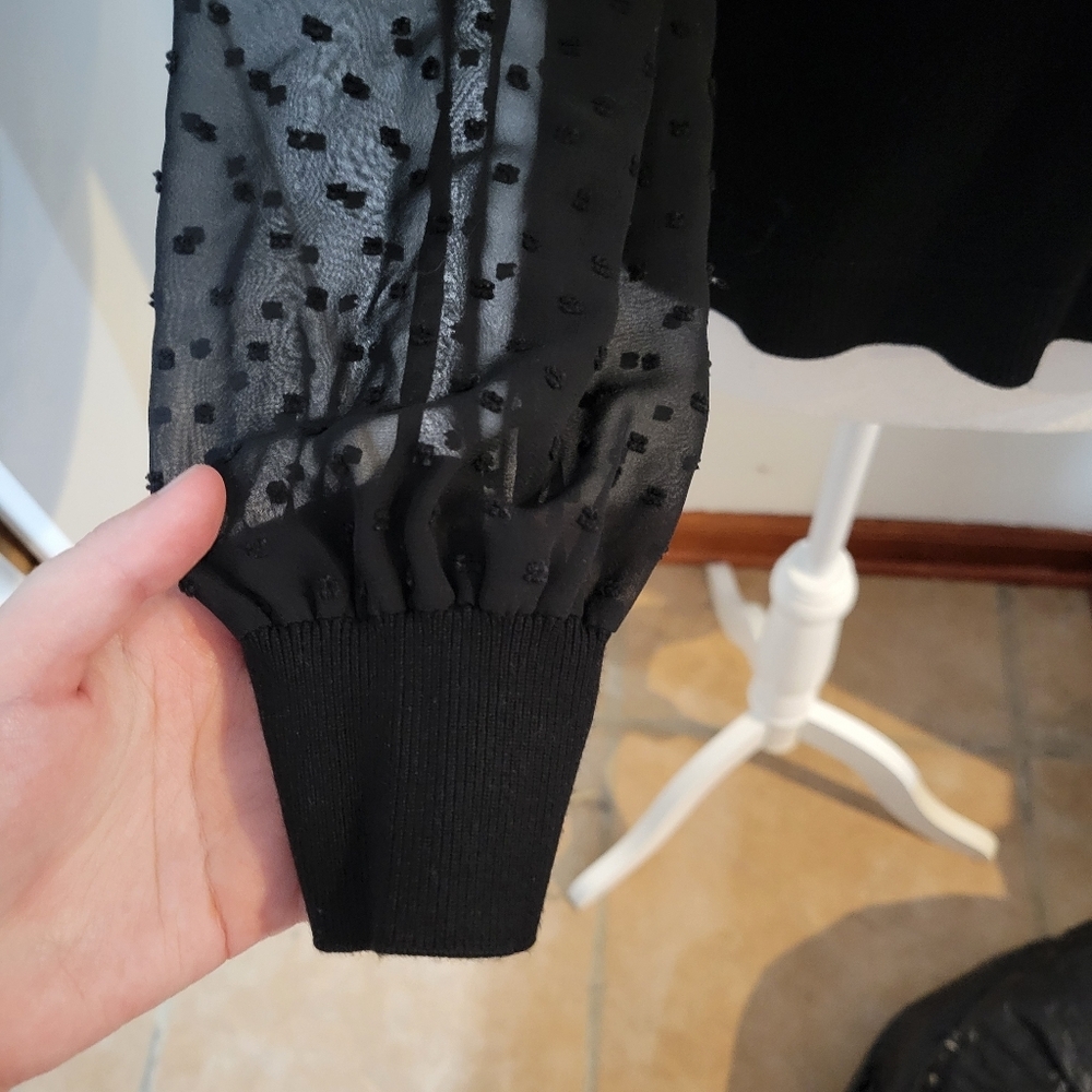 Adrianna Papell Babydoll Sheer Polka Dot Collared Black Long Sleeve Blouse | S - Picture 3 of 9